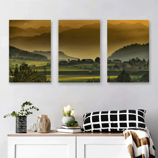 3pcs Mountainous View with Golden Sunset Metal Print Ready to Hang Art