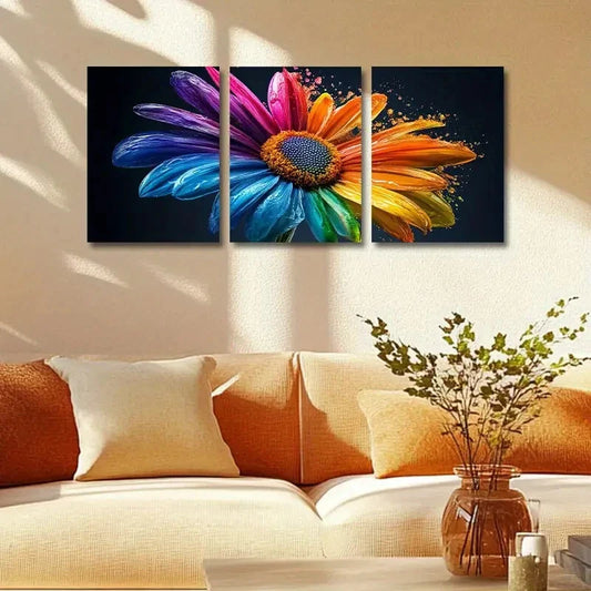 3pcs Rainbow Daisy Flower Design Metal Print Ready to Hang Art