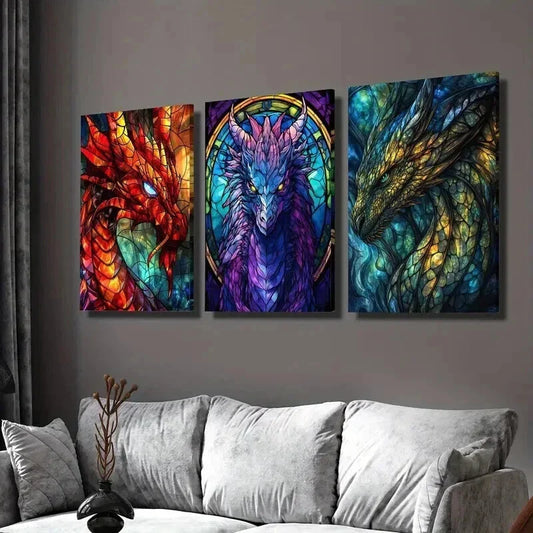 3pcs Stained Glass Fantasy Dragon Design Wall Art Set Canvas Framed 40x60cm - High Quality Print 100% Australian Made Wall Canvas Ready to Hang