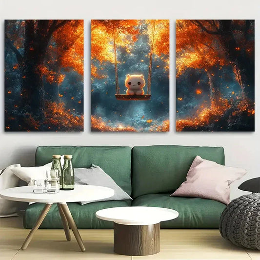 3pcs Whimsical Ghost on a Swing Metal Print Ready to Hang Art