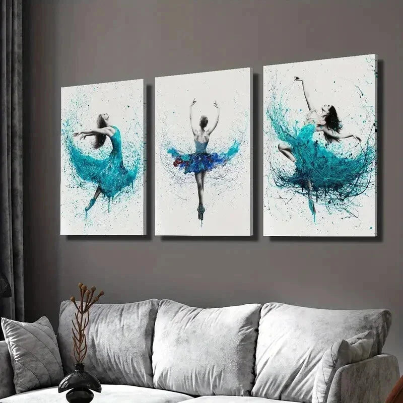 3pcs Blue Color Splashing Ballet Dance Wall Art Set Canvas Framed 40x60cm - High Quality Print 100% Australian Made Wall Canvas Ready to Hang