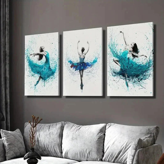 3pcs Blue Color Splashing Ballet Dance Wall Art Set Canvas Framed 40x60cm - High Quality Print 100% Australian Made Wall Canvas Ready to Hang