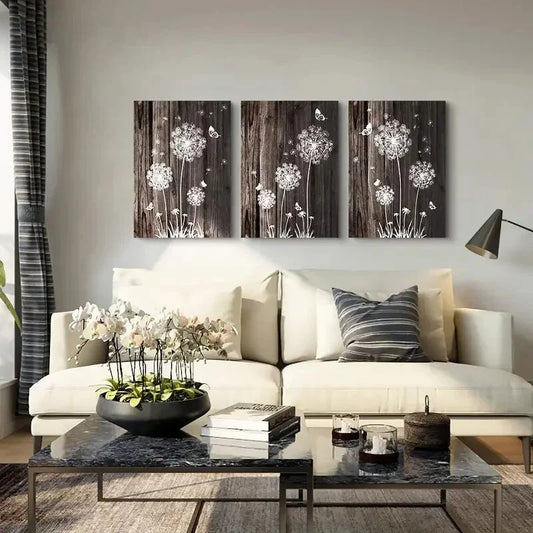 3pcs  Brown & White Abstract Dandelion Metal Print Ready to Hang Art