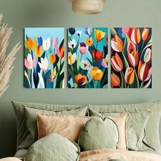 3pcs Vibrant Tulip Abstract Metal Print Ready to Hang Art