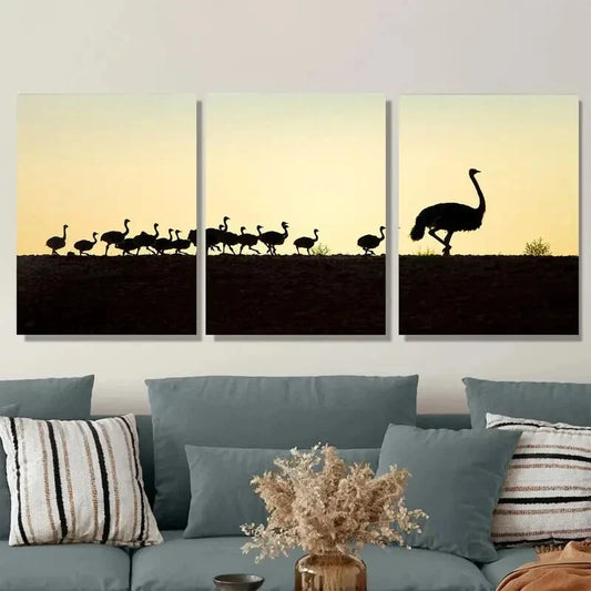 3pcs Ostrich Silhouette with Sunset Landscape Metal Print Ready to Hang Art