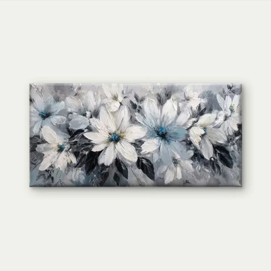 White & Blue Floral Abstract Wall Art Canvas Office Home Room Framed 80x45cm
