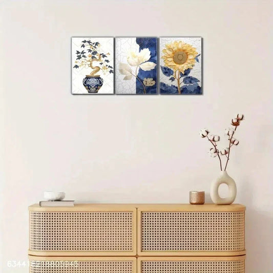 3pcs Sunflowers, leaves, potted plants Metal Print Ready to Hang Art