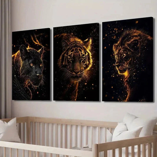 3pcs Golden Flare Lion Tiger & Panther Wall Art Set Canvas Framed 40x60cm - High Quality Print 100% Australian Made Wall Canvas Ready to Hang