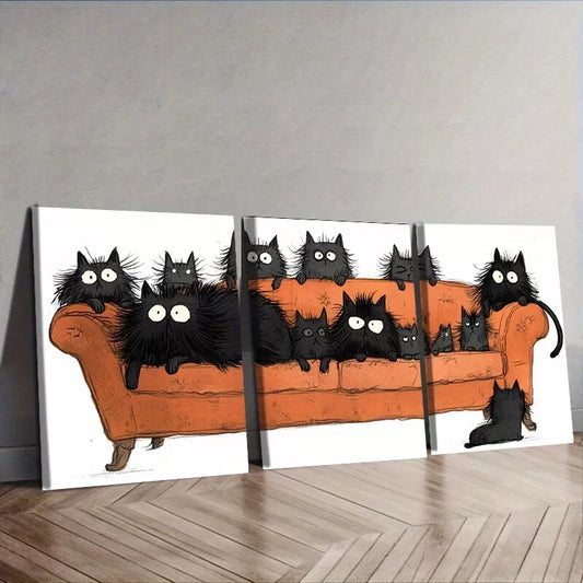 3pcss Art Deco Modern Black Cats on Couch, Wall Art Set Canvas Framed 40x60cm - High Quality Print 100% Australian Made Wall Canvas Ready to Hang