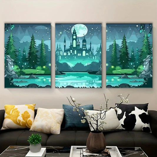 3pcs Triple Mural Set Moonlight Castle and Forest Metal Print Ready to Hang Art