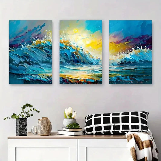 3pcs Abstract Seascape Vibrant Ocean Waves Metal Print Ready to Hang Art