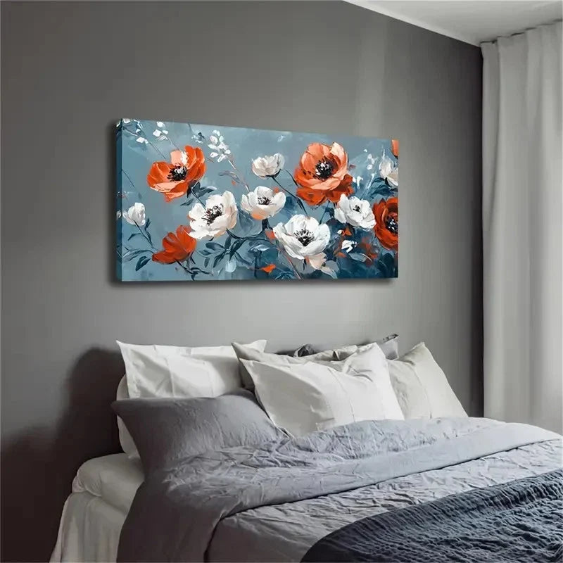 Orange Red & White Floral Wall Art Canvas Office Home Room Framed 120x60cm