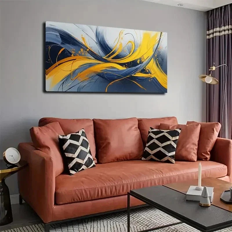 Dynamic Blue Yellow Black Wall Art canvas office home room framed 120x60cm