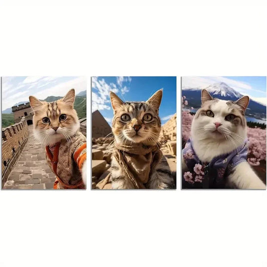 3pcs  Funny Cats at Great Wall Pyramid & Mount Fuji   Metal Print Ready to Hang Art