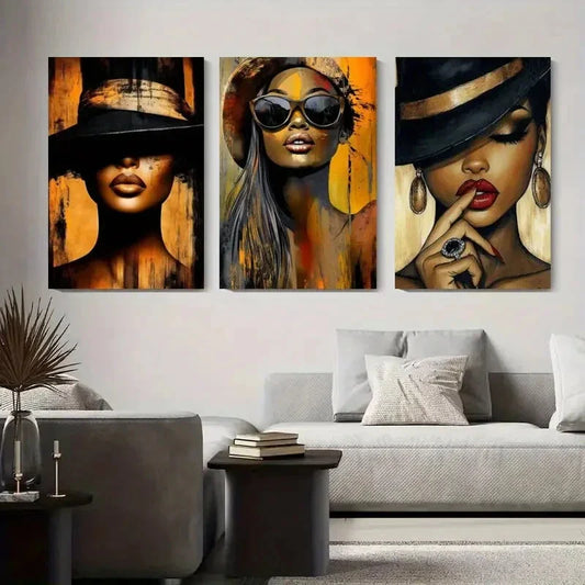 3pcs Women with Hats and Fashion Glasses Metal Print Ready to Hang Art