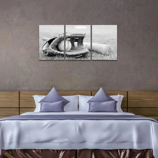 3pcs Vintage Baseball Glove Black & White Metal Print Ready to Hang Art
