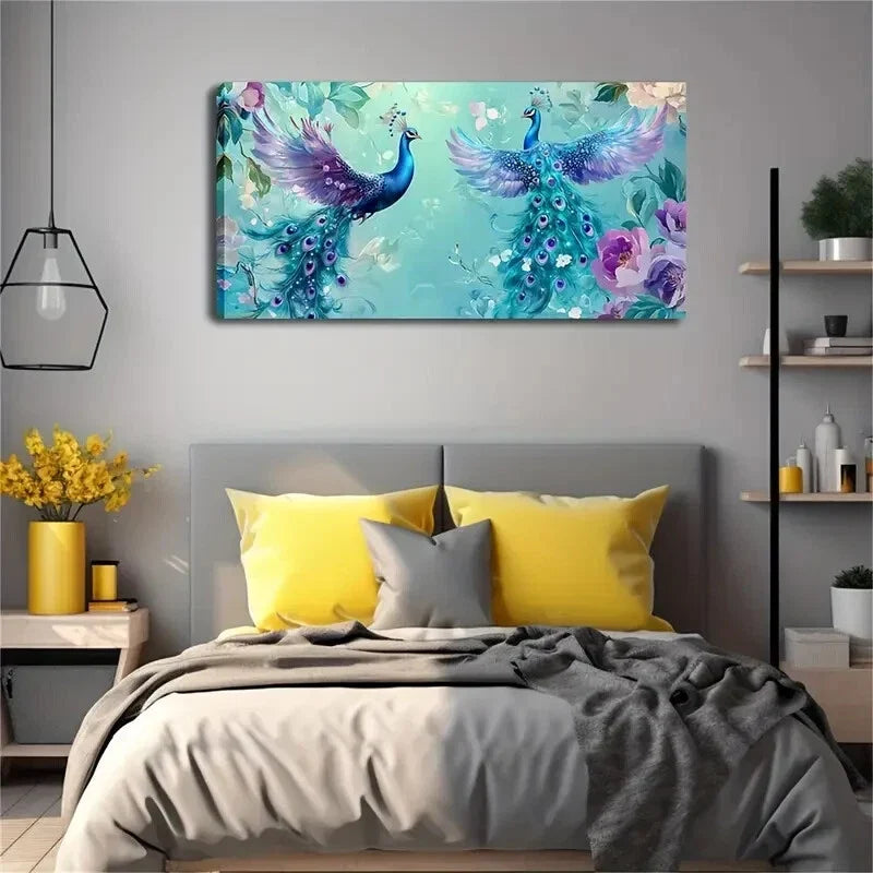 Two Peacocks with Spread Wings Wall Art Canvas Office Home Room Framed 120x60cm