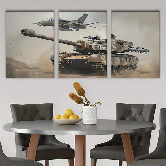 3pcs Tan Military Aircraft and Tank Triptych Metal Print Ready to Hang Art