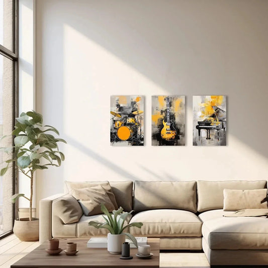 3pcs Black and Golden Guitar Piano and Drum Metal Print Ready to Hang Art