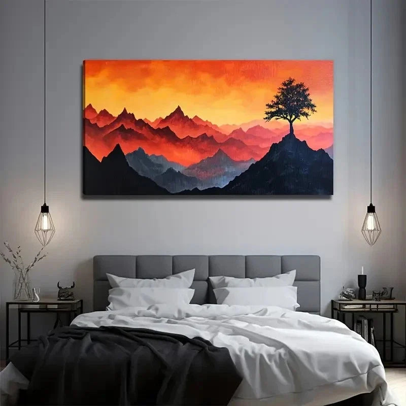 High Mountain Tree Suitable Wall Art Canvas Office Home Room Framed 120x60cm