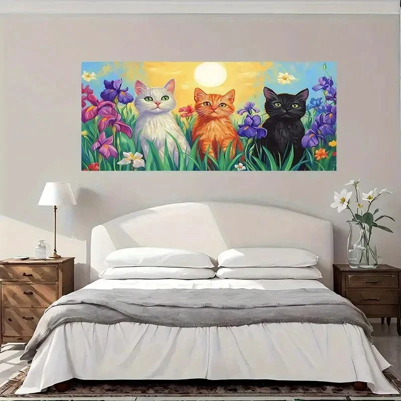 Cats In Flower Garden Wall Art Canvas Office Home Room Framed 80x45cm