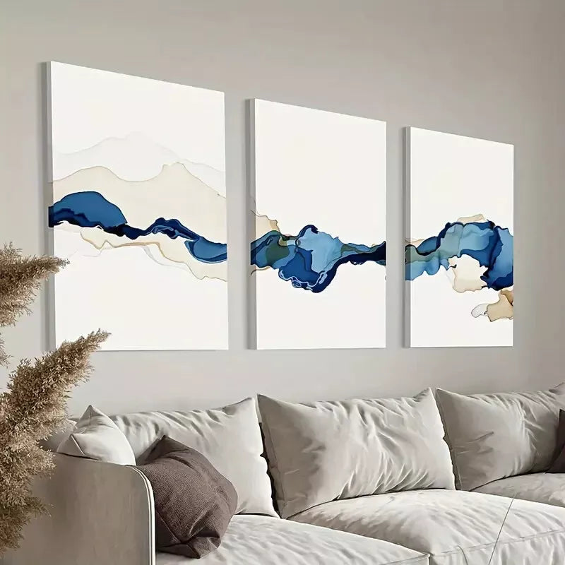 3pcs Blue and Brown Watercolor Paintings Canvas Framed 40x60cm - High Quality Print 100% Australian Made Wall Canvas Ready to Hang
