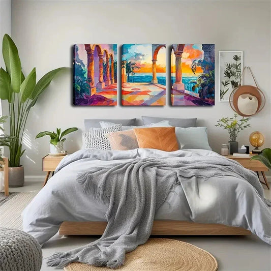 3pcs Vibrant Coastal Temple  Wall Art Set Canvas Framed 40x60cm - High Quality Print 100% Australian Made Wall Canvas Ready to Hang