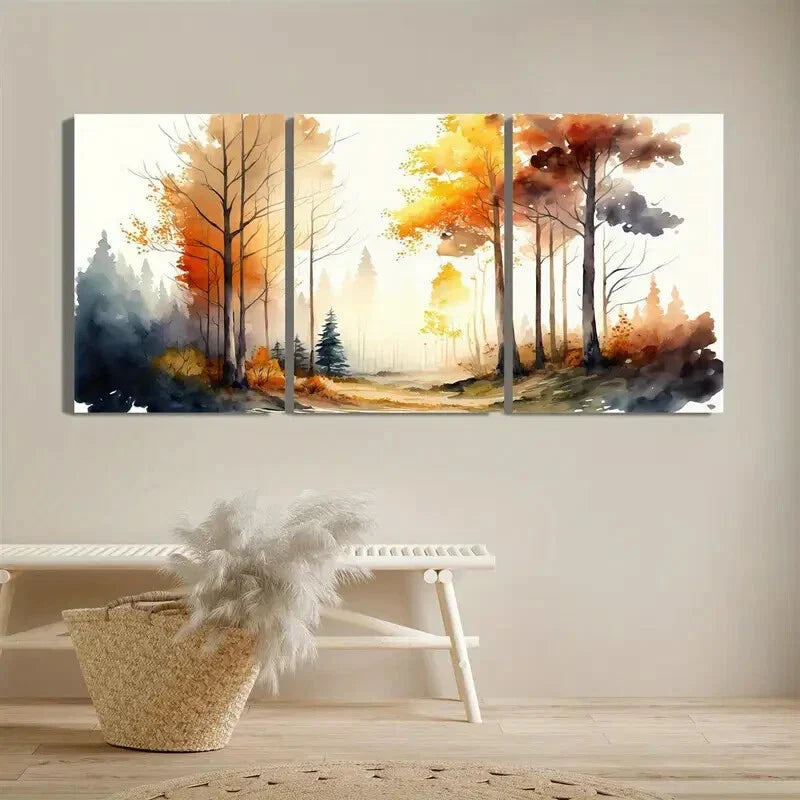 3pcs Autumn-Themed Watercolor Forest Scenes Metal Print Ready to Hang Art