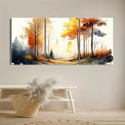 3pcs Autumn-Themed Watercolor Forest Scenes Metal Print Ready to Hang Art