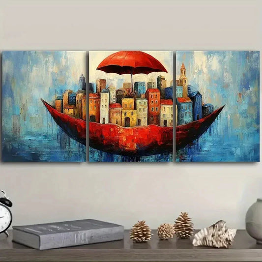 3pcs City view under a red umbrella Metal Print Ready to Hang Art