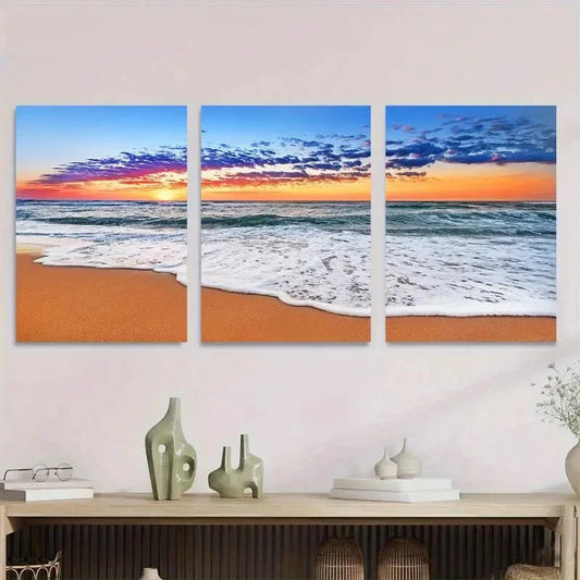 3pcs Beach Sunset Triptych Seascape with Sandy Metal Print Ready to Hang Art