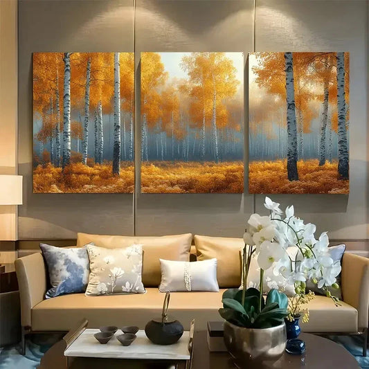 3pcs Serene Birch Tree Forest Misty Autumn Metal Print Ready to Hang Art