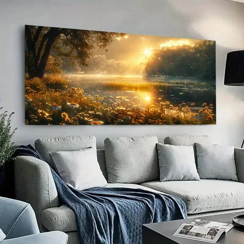 Sunrise Scene Golden Hues wall canvas office home room framed 80x45cm