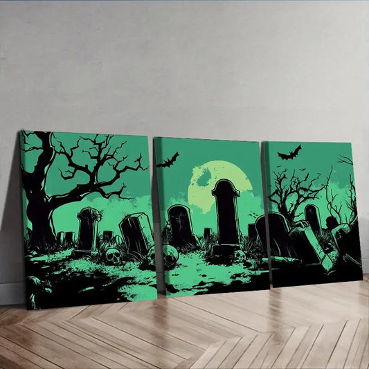 3pcs  Graveyard Halloween Theme, Wall Art Set Canvas Framed 40x60cm - High Quality Print 100% Australian Made Wall Canvas Ready to Hang