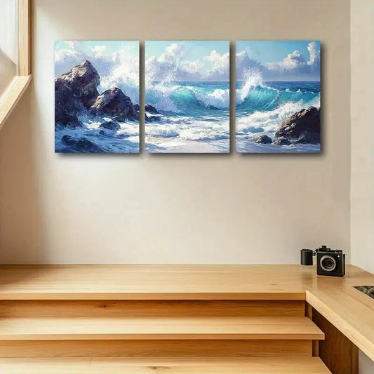 3pcs Vibrant Blue Sea Waves Crashing Against Rock Metal Print Ready to Hang Art