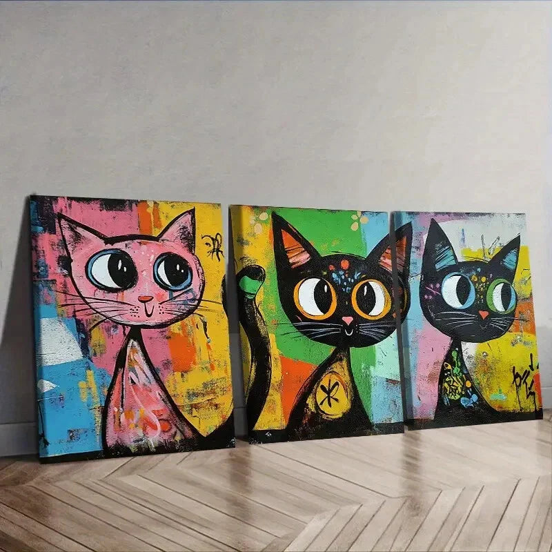 3pcs Colorful cats with big eyes  Wall Art Set Canvas Framed 40x60cm - High Quality Print 100% Australian Made Wall Canvas Ready to Hang