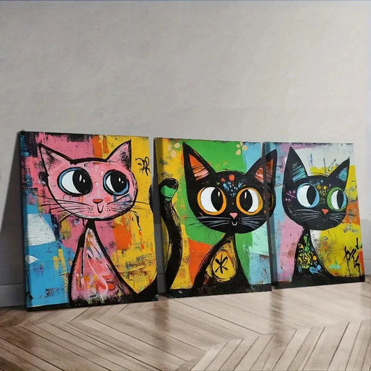 3pcs Colorful cats with big eyes  Wall Art Set Canvas Framed 40x60cm - High Quality Print 100% Australian Made Wall Canvas Ready to Hang