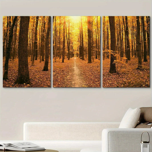 3pcs Autumn Tree Forest Dusk Nature Red & Orange Metal Print Ready to Hang Art