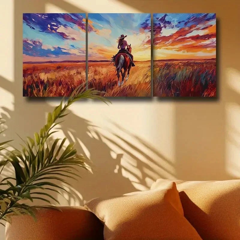 3pcs The Woman on the Prairie, Vibrant Sunset Metal Print Ready to Hang Art