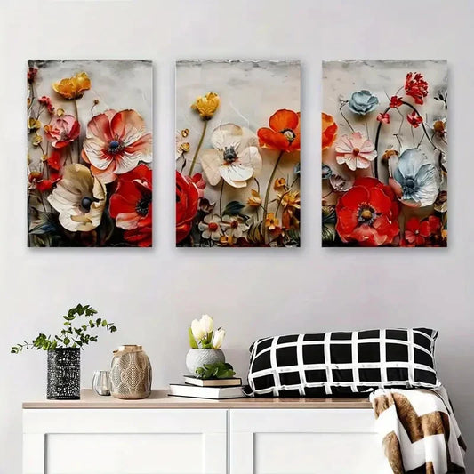 3pcs Vibrant Red, White, and Blue Flowers Metal Print Ready to Hang Art