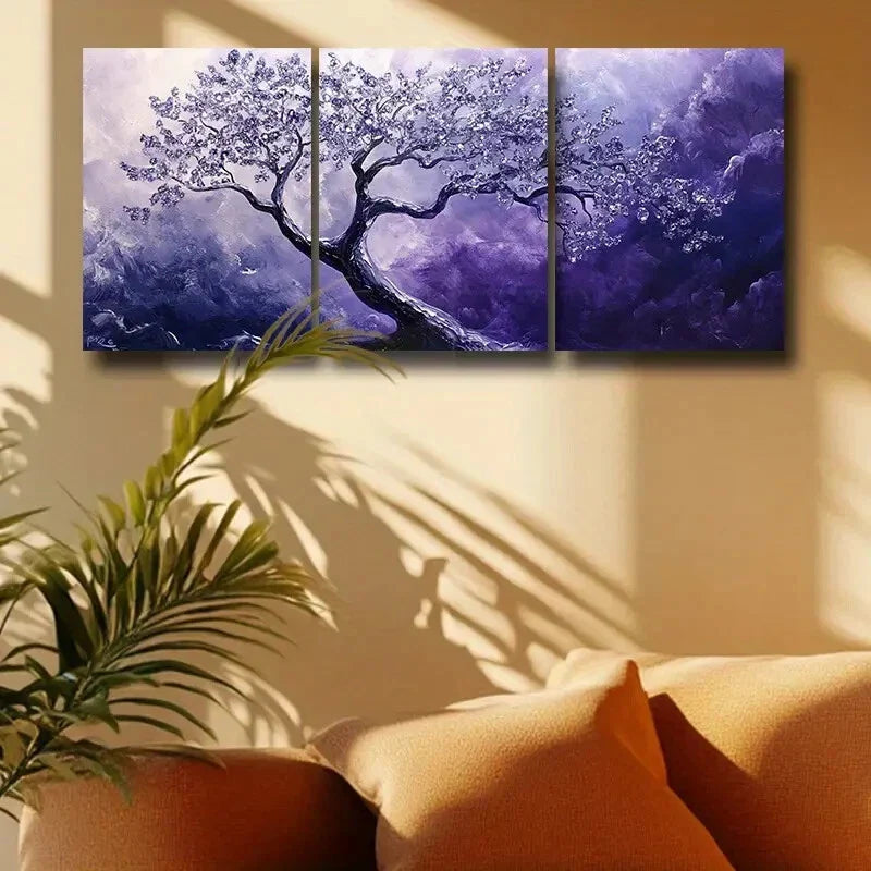 3pcs Purple and White Tree Metal Print Ready to Hang Art