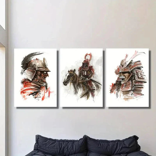 3pcs Samurai Watercolor , Fully Armed Warrior Metal Print Ready to Hang Art
