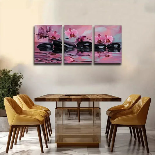 3pcs Water, Pebbles, Orchids, Wall Art Set Canvas Framed 40x60cm - High Quality Print 100% Australian Made Wall Canvas Ready to Hang