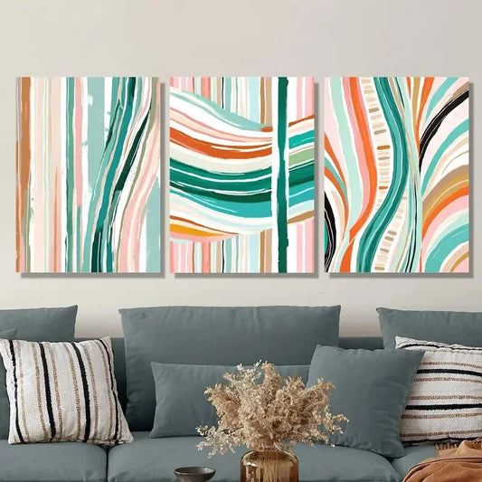 3pcs Vibrant Abstract Colorful Striped Metal Print Ready to Hang Art