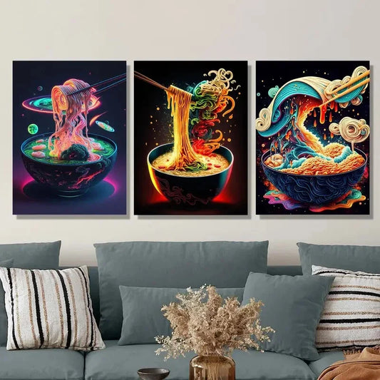 3pcs Vibrant Colorful Ramen & Sushi Posters   Metal Print Ready to Hang Art