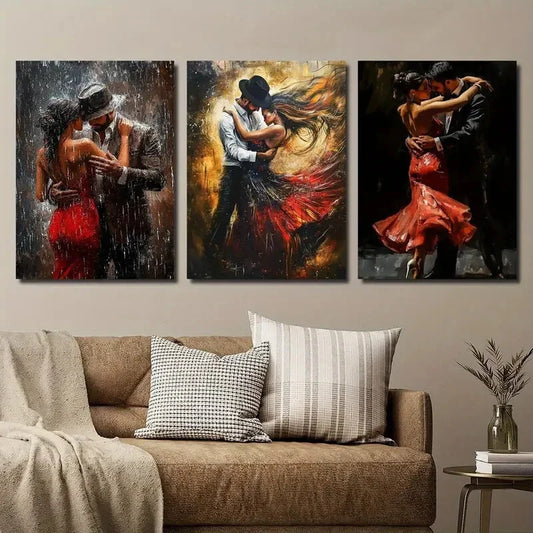 3pcs Romantic Tango Dancing Couple Red Dress Metal Print Ready to Hang Art