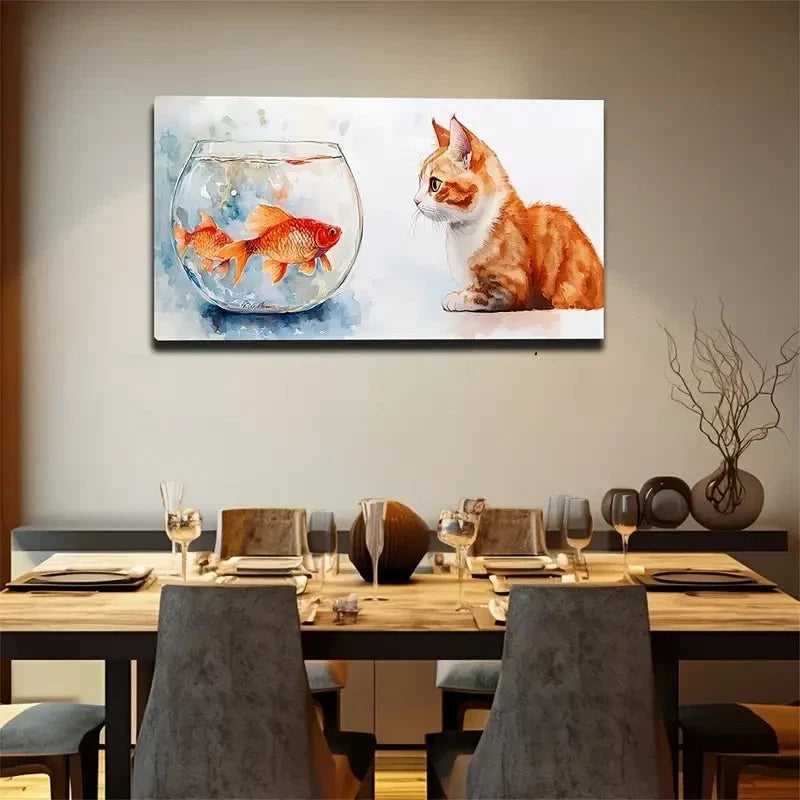 A Cat And A Fish Facing Wall Art Canvas Office Home Room Framed 80x45cm