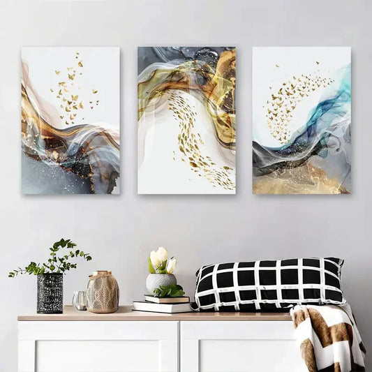 3pcs Golden and Blue Fluid Waves with Butterflies Metal Print Ready to Hang Art