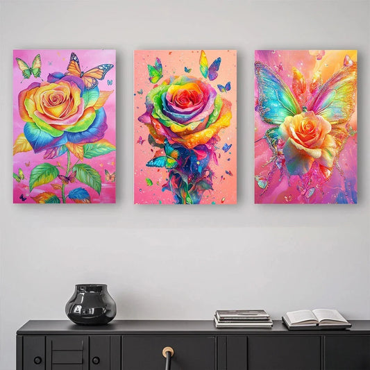 3pcs Vibrant Rose Butterfly Colorful Whimsical Metal Print Ready to Hang Art