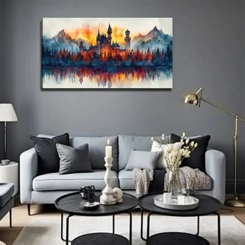 Sunset Glow Pine Tree Castle Wall Art Canvas Office Home Room Framed 80x45cm
